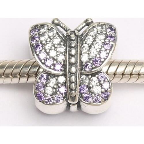 Authentic S925 Bead DIY Jewelry Sparkling Butterfly Charms fit Lady Bracelet Bangle Girl Gift Purple CZ