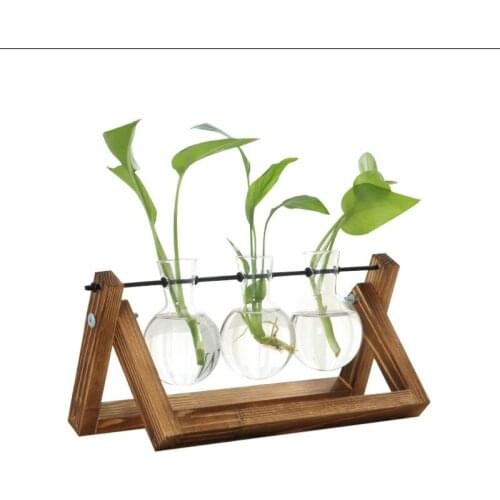 Wooden Frame Glass Vase Terrarium Table Desktop Hydroponics Plant Bonsai Flower Pot Hanging Pots with Wooden Tray Home Decor