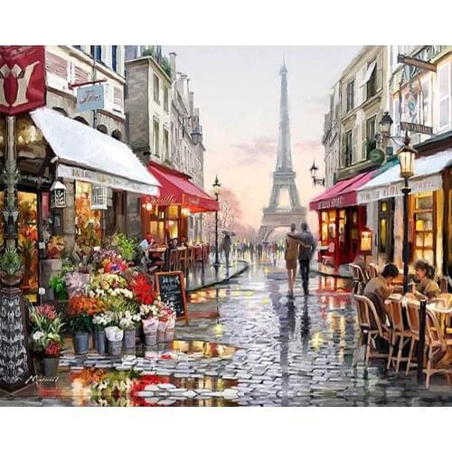 Leisure Time Scenery Eiffel Flower and Coffee Shop Canvas Painting Romantic Dating Street Landscape Canvas Art Poster Decor
