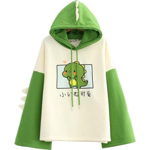 Harajuku Cartoon Dinosaur Print Casual Cute Hoodies Women 2021 Winter Long Sleeve Fleece Hooded Sweatshirt Teen Girls Kawaii Top