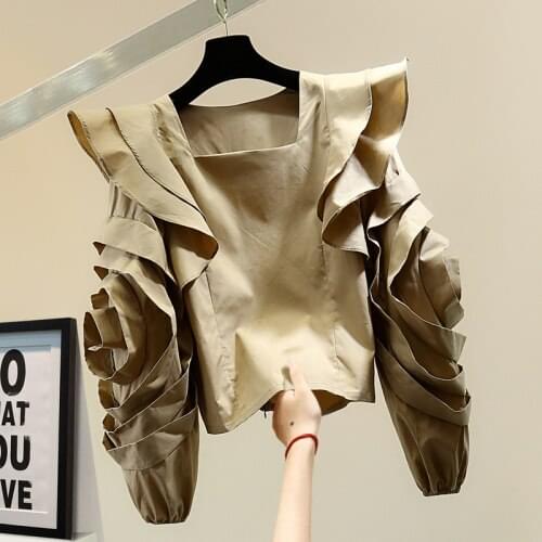 Heavy Industry Three-Dimensional Flower Ruffled Shirt 2021 Spring Loose Womens Solid Color Square Collar Pullover Zipper Blouse