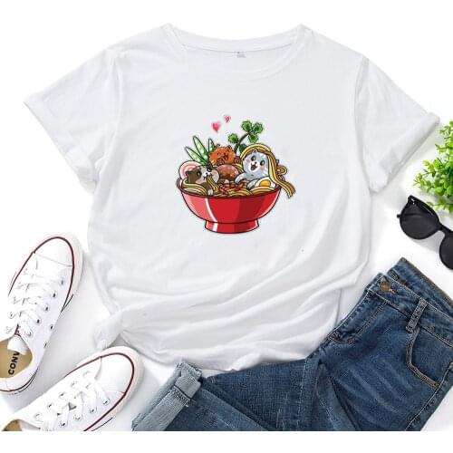 Food Cat Shirt Fashion T-shirt Women Summer Cotton T Shirt Women Harajuku O-neck Ladies Top Tee Shirt Femme Black & White