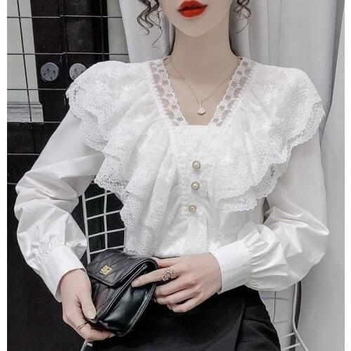 2021 Korean version of the new spring ruffled lace fashion V-neck white shirt women niche tops women