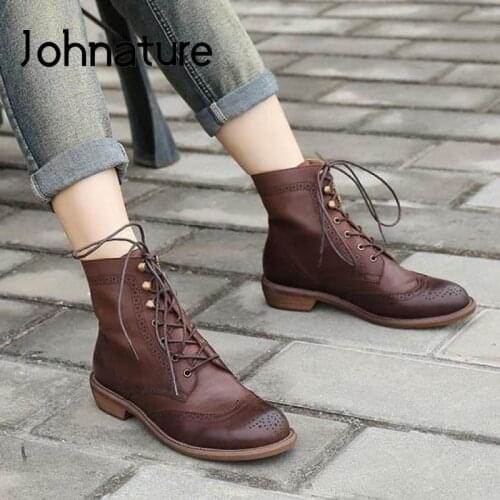 Johnature Winter Shoes Women Boots Genuine Leather Lace-Up 2021 New Fashion Handmade Sewing Concise Leisure Platform Boots