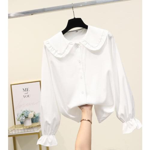 Cotton Women Spring Autumn Blouses Doll Collar Long Sleeve Casual Girls White Blouse Shirt Simple Design Ladies Office Tops
