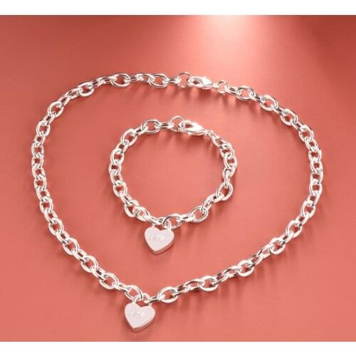 Pure Silver Jewelry Sets For Women Heart Lock Pendant Necklace Bracelet 2 pcs Jewellery Set Neck Chain Collares Pulseira Femme