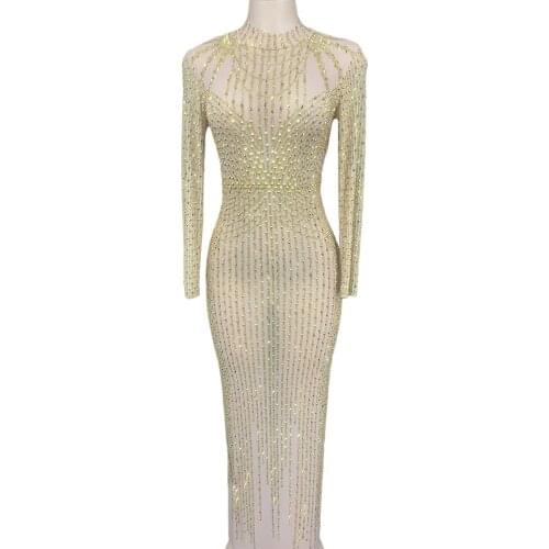 Rhinestones Mesh Transparent Long Dresses for Women Wedding Evening Celebrate Prom Party Birthday Dress Stage Show Costumes