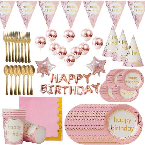 1 18 20 30 50 60 Year Happy Birthday Napkins Cup Plates Pink Caps Straws Wedding Party Decor Adult Kids Birthday Party Supplies