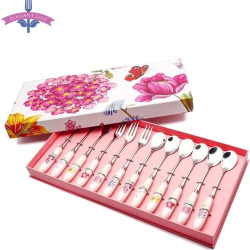 12PCS Dessert Flatware Set Spoon Fork Set Herb Garden Ceramic Stainless Steel Dinnerware Coffee Tea Cake Salad Flatware Set Gift