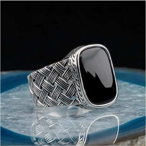 925 Sterling Silver Knitted Patterned Balck Onyx Stone Mens Ring Exclusive Chic Accessory for Men Special Ring
