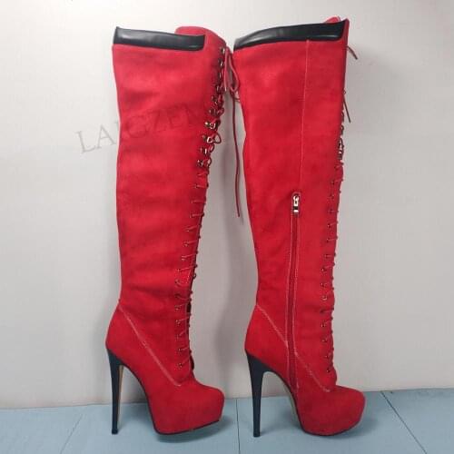 BERZIMER Women Over Knee Boots Round Toe High Heels Faux Suede Boots Wide Calf Friendly Stiefels Shoes Woman Size 43 45 50 52