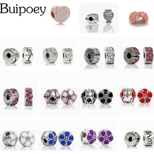 Buipoey 2pcs/Lot Plated Magnolia Flower Enamel Clip Beads Purple Buckle Charm heart-shaped Accessories For Bracelet Bangle Women