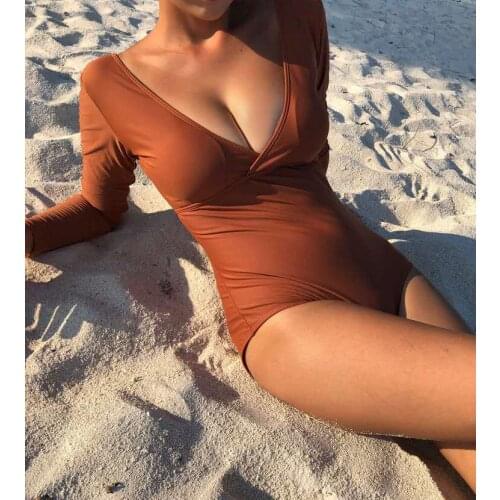 Korea Style One Piece Swimwear Women Solid Swimwear Padded Swimsuit Long Sleeve Bathing Suit sexy Monokini Beachwear 2021