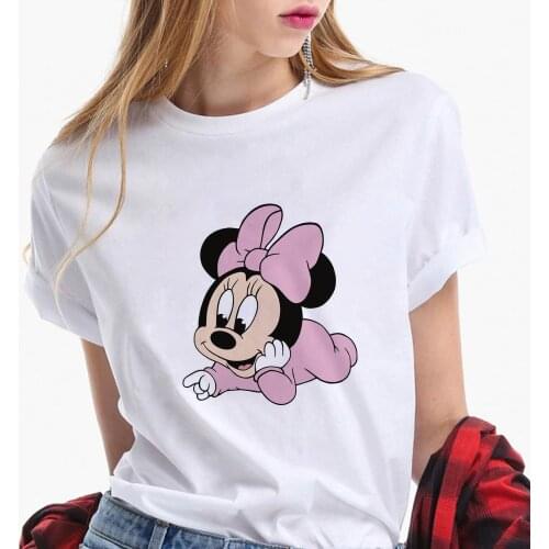 Baby Mickey Mouse Minnie Mouse Print T Shirt Summer Short Sleeve Casual White O-neck Tee Tops Polyester Women Streetwear Clothes