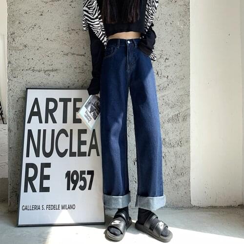 Women Retro Fashion Blue Jeans High Waist Wide Leg Denim Pants Loose Straight Trousers Wild Large Size Pants Streetwear