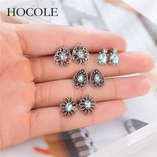 HOCOLE 4 Pairs/Set Vintage Silver Color Crystal Earrings Set Stud Earrings For Women Jewelry Gifts Brincos Bohemian Earring Set
