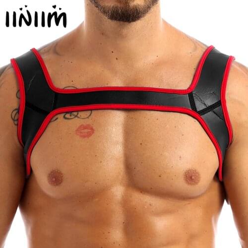 Iiniim Mens Neoprene Shoulder Wide Straps Harness Belt Muscles Protector Role Play Fancy Clubwear Cosplay Party Costume Strap