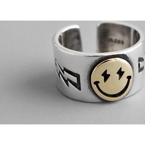 Hot Sale Happy Smiley Face Lightning Stamp Tibetan Ring Big Large Retro Exaggerated Vintage Golden Gothic Women Jewelry Rings