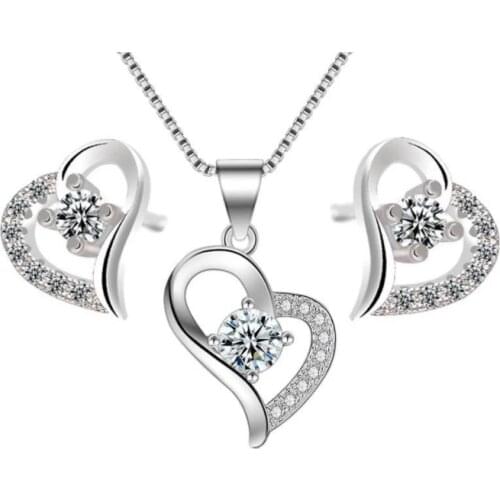 925 Sterling Silver Classic Heart Cubic Zircon Jewelry Set Wedding Pendant Necklace Stud Earring For Women Gift
