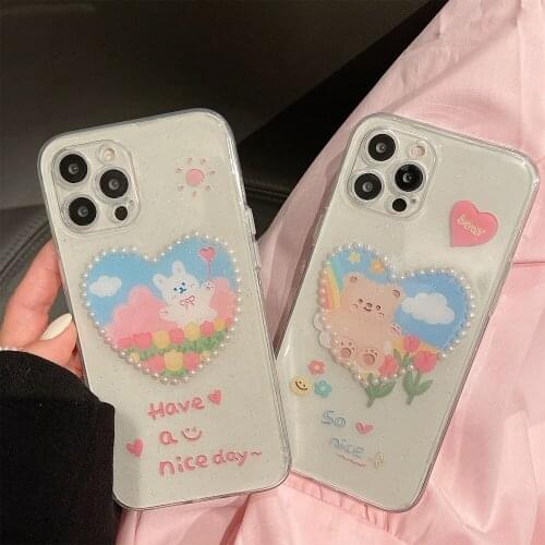 Korea Cute Love Heart Peal Bear Glitter Phone Case For iPhone 12 Mini 12 11 ProMax XR X XS 7 8 Plus Clear Epoxy Silicone Shell