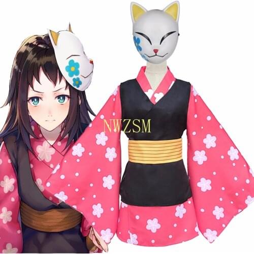 Anime Demon Slayer Kimetsu no Yaiba Makomo Full Set Cosplay Costume Women Mens Kimono Uniform PVC Mask Wig Halloween Party Suit