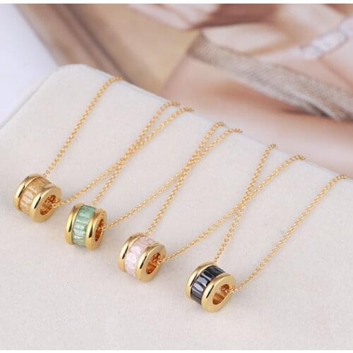 Fashion Titanium Steel Clavicle Chain Dazzling 5 Colors CZ Stone Necklace Genuine Gold Plating Round Cylinder Pendant Jewelry