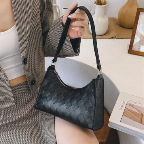 Fashion Plaid Pattern Baguette Bags Woven PU Leather Shoulder Bags for Women 2021 Designer Luxury Handbag Female Travel Tote
