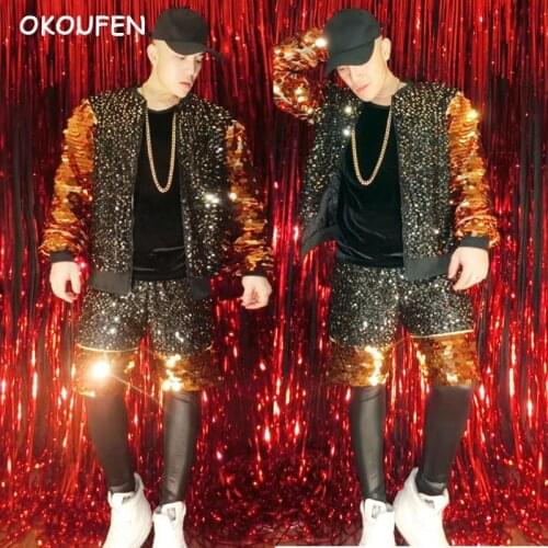 Men Fashion Colorful Sequins Baseball jacket Costume Set Nightclub Bar Male singer performance wear Hip Hop dance outfit
