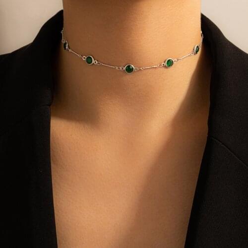 Docona Elegant Green Crystal Stone Clavicle Necklace for Women Charming Geometry Alloy Metal Party Jewelry Accessories 15633