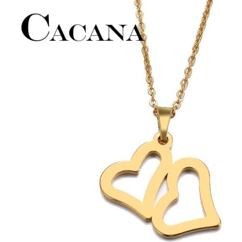 CACANA Stainless Steel Necklace For Women Man Lovers Double Heart Gold And Silver Color Pendant Necklace Engagement Jewelry