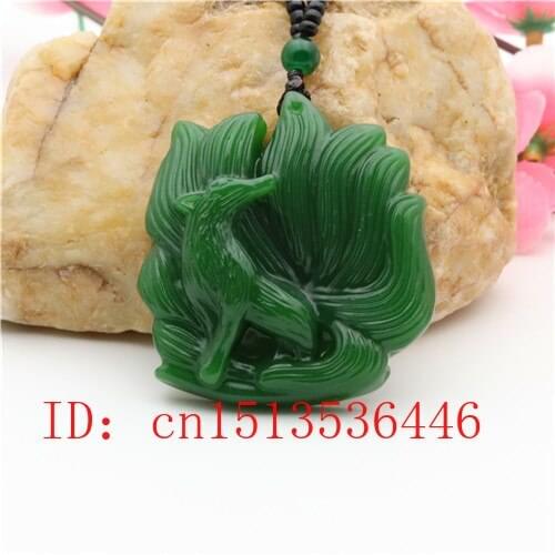 Carved Nine-tailed Fox Jade Pendant Natural Chinese Green Beads Necklace Charm Jewellery Fashion Lucky Amulet Gifts