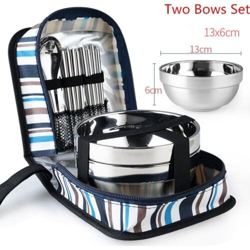 Outdoor Stainless Steel Tableware Spoon Bowls Foldable Chopsticks for Picnic Traveling Camping Dinnerware Hiking Tools with Bag