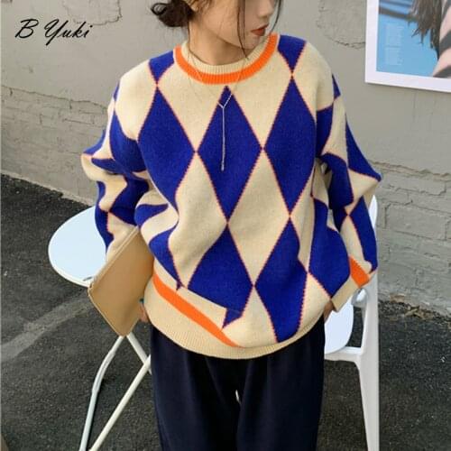Blessyuki Knitted Contrast Argyle Oversized Sweater Female Fashion O-neck Long Sleeve Casual Pullovers Women gentle Top New 2021