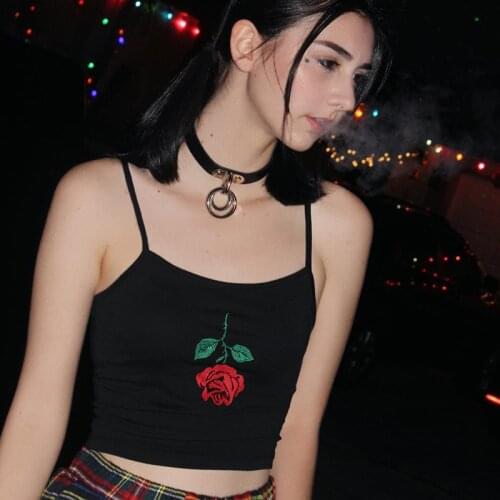 Harajuku Rose Black Spaghetti Strap Top Sexy Sleeveless Backless Tank Top Women Embroidery Crop Tees Summer Casual Streetwear