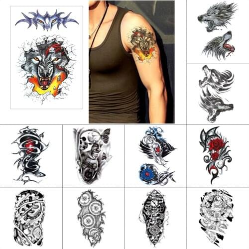 Temporary fake tattoo stickers wolf toothed gear flower demon machinery Black waterproof tattoo sticker men women Half an arm
