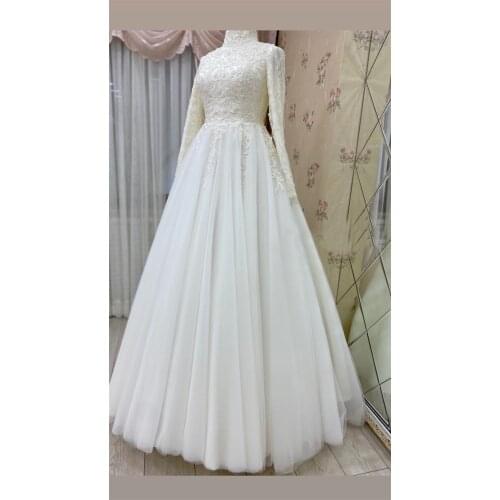 Appliques Pearls Long Sleeve Muslim Wedding Dresses for Bride 2021 Moroccan Caftan High Neckline Wedding Bridal Dress