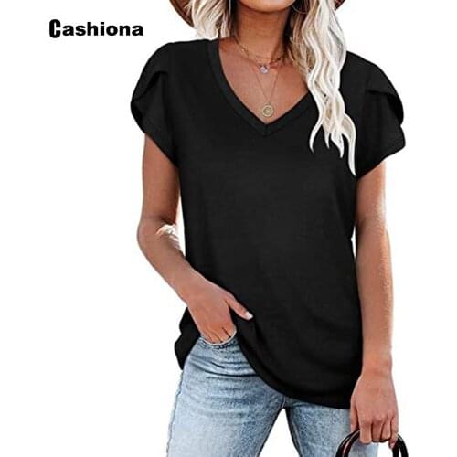 Cashiona Plus Size Women Elegant Leisure Casual V-neck T-shirt Womens Top Streetwear Fashion 2021 Summer Tees Clothing Femme