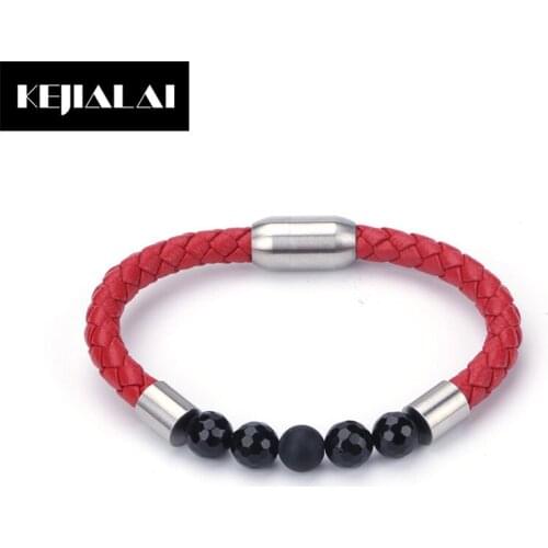 Women Charm Bracelet Nature Stone Beads Genuine Leather Wristband Red Color Sheepskin Bangle for Men Fashion Jewelry Accessories