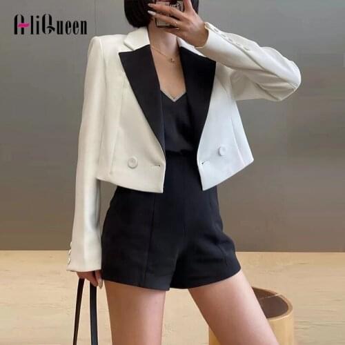 Korean Fashion Plus Size Clothing for Women Autumn Contrast Cropped Blazer Coats Ladies Casual White Short Blazers Jacket Tops