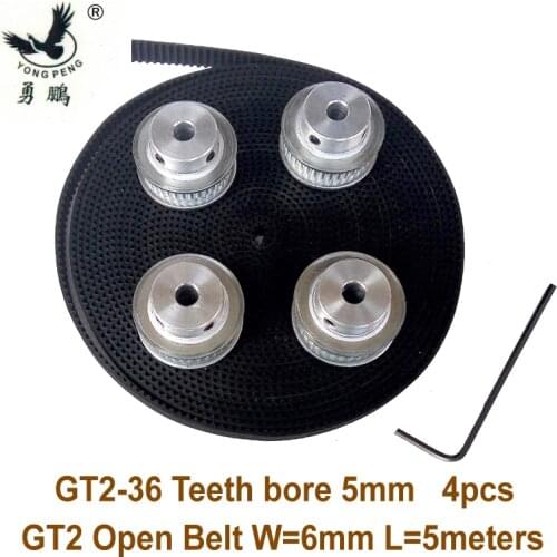 4 pieces 36 teeth GT2 Timing Pulley Bore 5mm + 5 Meters 2GT timing Belt Width 6mm fit for 3D CNC machine high quality factory