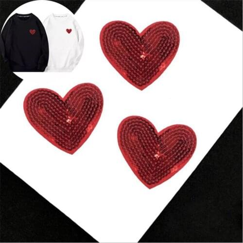 20pcs Red Heart Heat Transfer Glitter Patches For Clothing Iron On Sequined Patch Appliques Motif Badge Jeans Jacket Patchwork