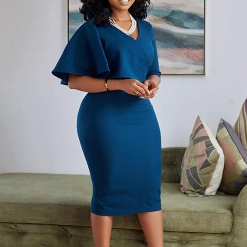 2021 Elegant Blue Womens Dress with Ruffled Sleeves for Office Ladies Working Long Robe Womens African New Solid Color Dress
