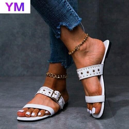 2021 Buckle Summer Female Shoes Genuine Leather Women Sandals Outside Flat Heels Pu Sexy Beach Sandals Zapatillas Mujer Casa 43
