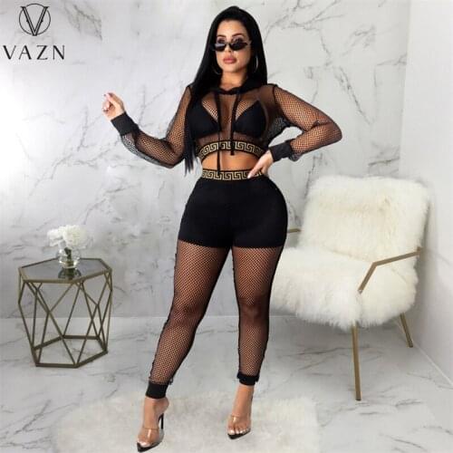 VAZN 2021 Special Style See Through Network Hooded Full Sleeve Long Pants Womens Clothing 2PCs Set Beach Ladies Women Suits