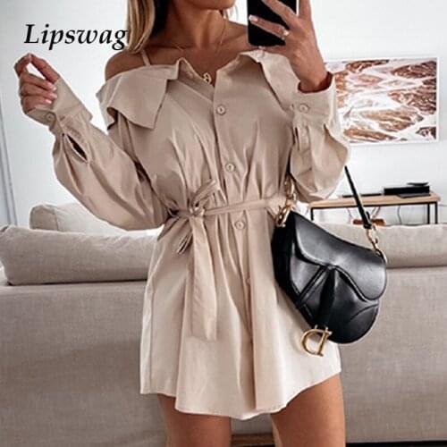 2021 Women Fashion Solid Button Shirts Dress Summer Sexy Sling Off Shoulder Mini Dress Elegant Slim Lace-Up Lapel Party Dress XL
