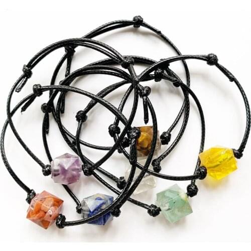 7 Chakra Natural Stone Bracelet Yoga Healing Stone Chip Beads Polyhedral Black Wax Rope Bracelet Adjustable Rope Set 1 piece