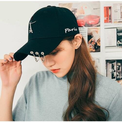 BBS095 Korea Baseball Caps With Tower Pendant Hot PARIS Embroidery Cotton Snapback Hat Metal Iron Ring Hip Hop Casquette Gorras