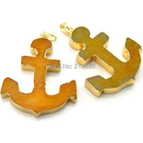 C150109004 Orange Yellow Agates Stone Anchor Charm Pendants with Gold Electroplated approx 2inch