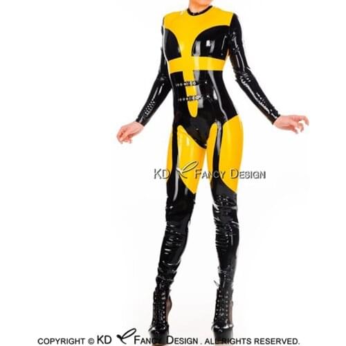 Black With Yellow Sexy Latex Catsuit With Buckles Back Zipper Space Suit Rubber Bodysuit Zentai Overall Body Suit LTY-0101