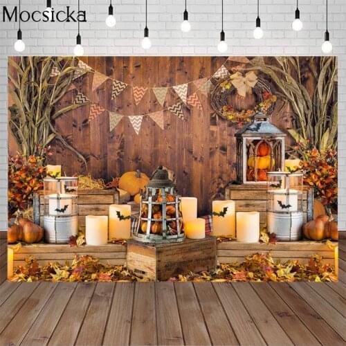 Autumn Thanksgiving Photography Backdrop Pumpkin Wood Floor Maple Leaves Candle Child Birthday Portrait Background Photo Studio